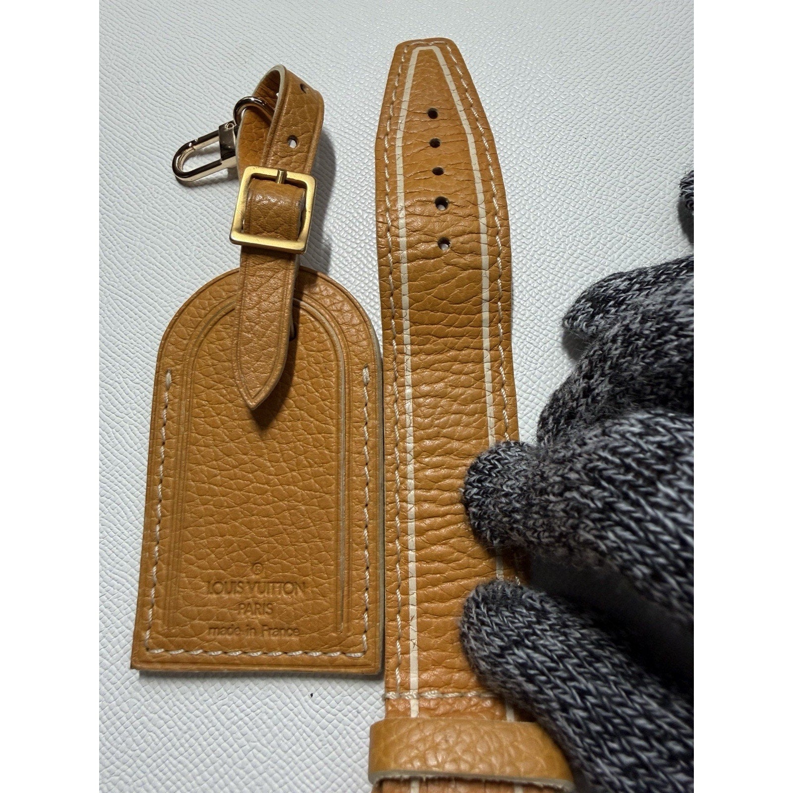 Rare Louis Vuitton Gold Orange Name Tag w/ Poignet Strap Grained Leather