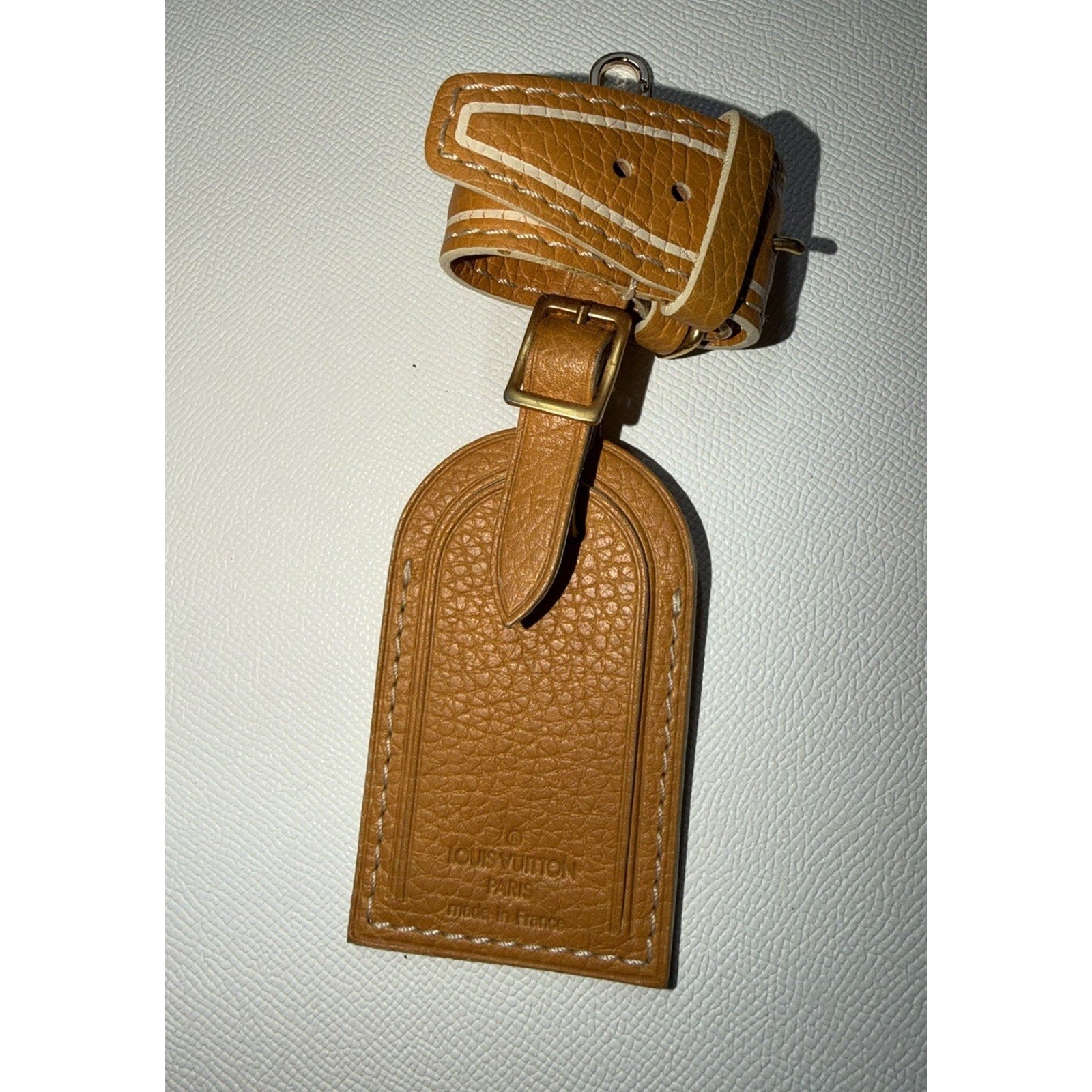 Rare Louis Vuitton Orange Name Tag w/ Strap Grained Leather Gold Pumpkin