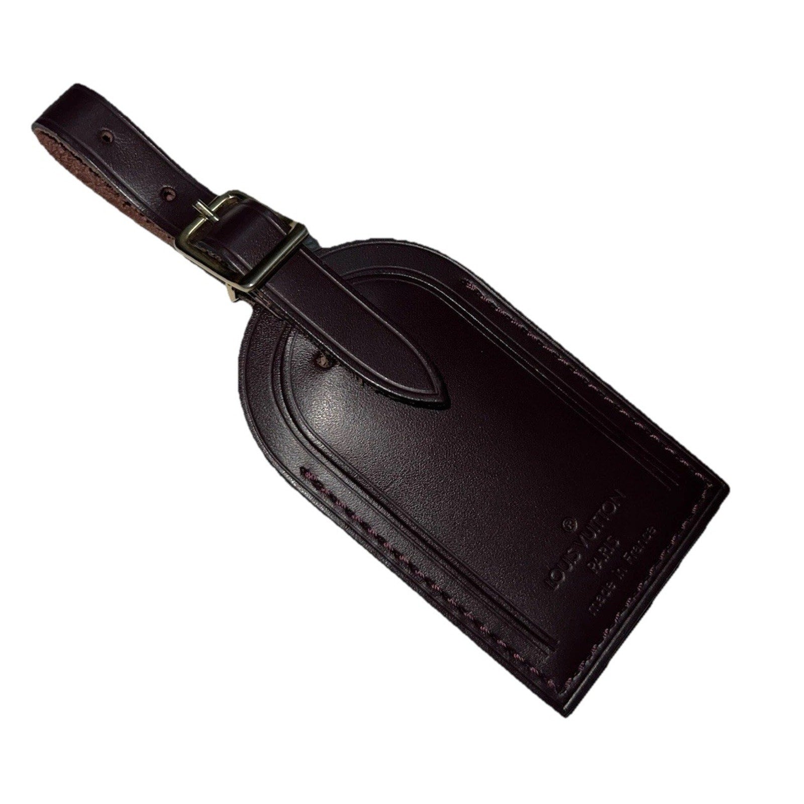 RARE Louis Vuitton Name Tag Plum Leather Bordeaux France Goldtone