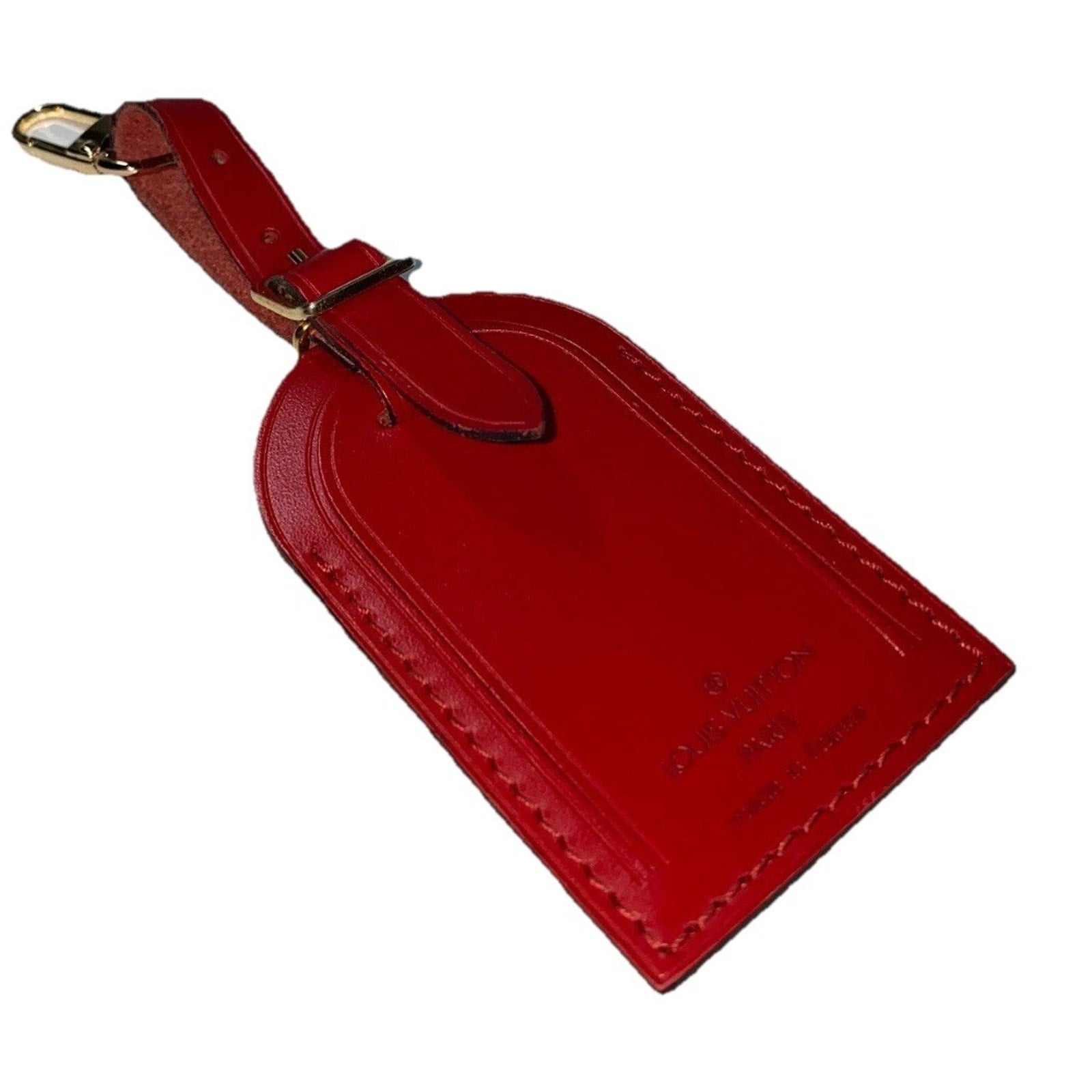 Louis Vuitton Red Luggage Name Tag Leather Goldtone AUTHENTIC France