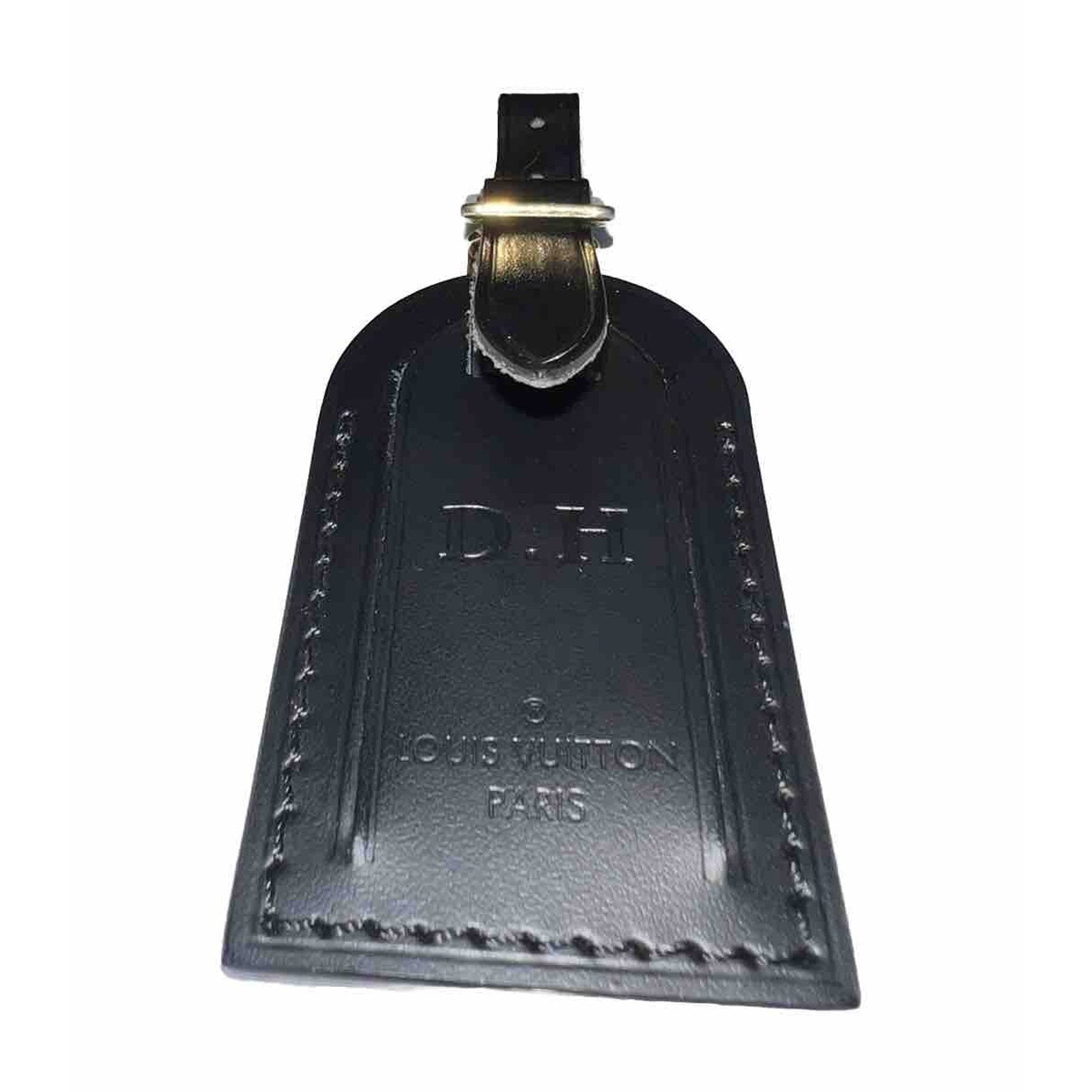 Louis Vuitton Paris Name Tag w/ D H Initials Black Leather Small Goldtone