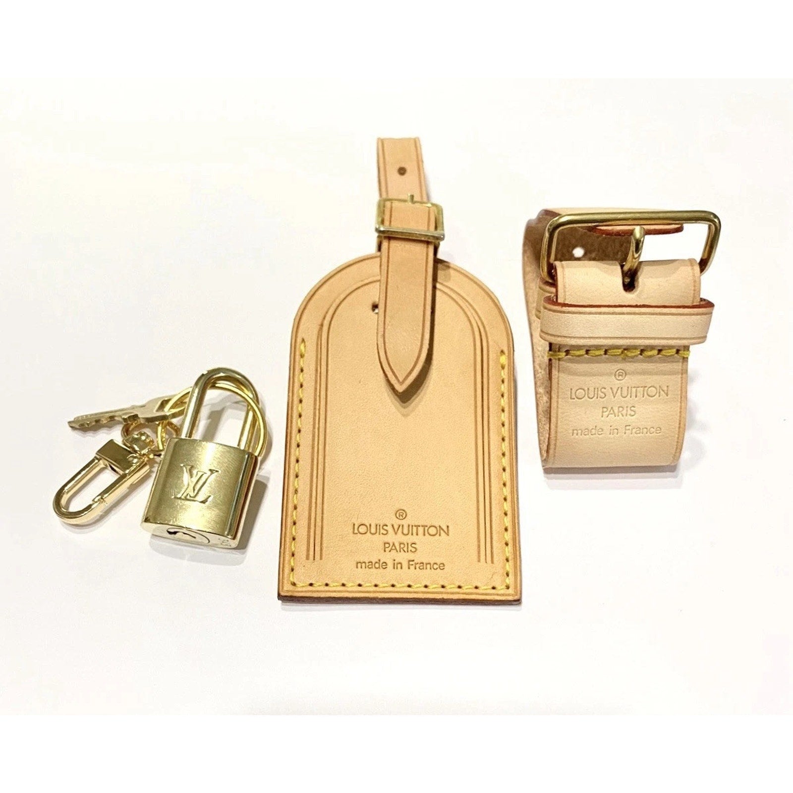 Louis Vuitton Name Tag w/ Strap Padlock & Key 1 Set ~Goldtone Authentic!