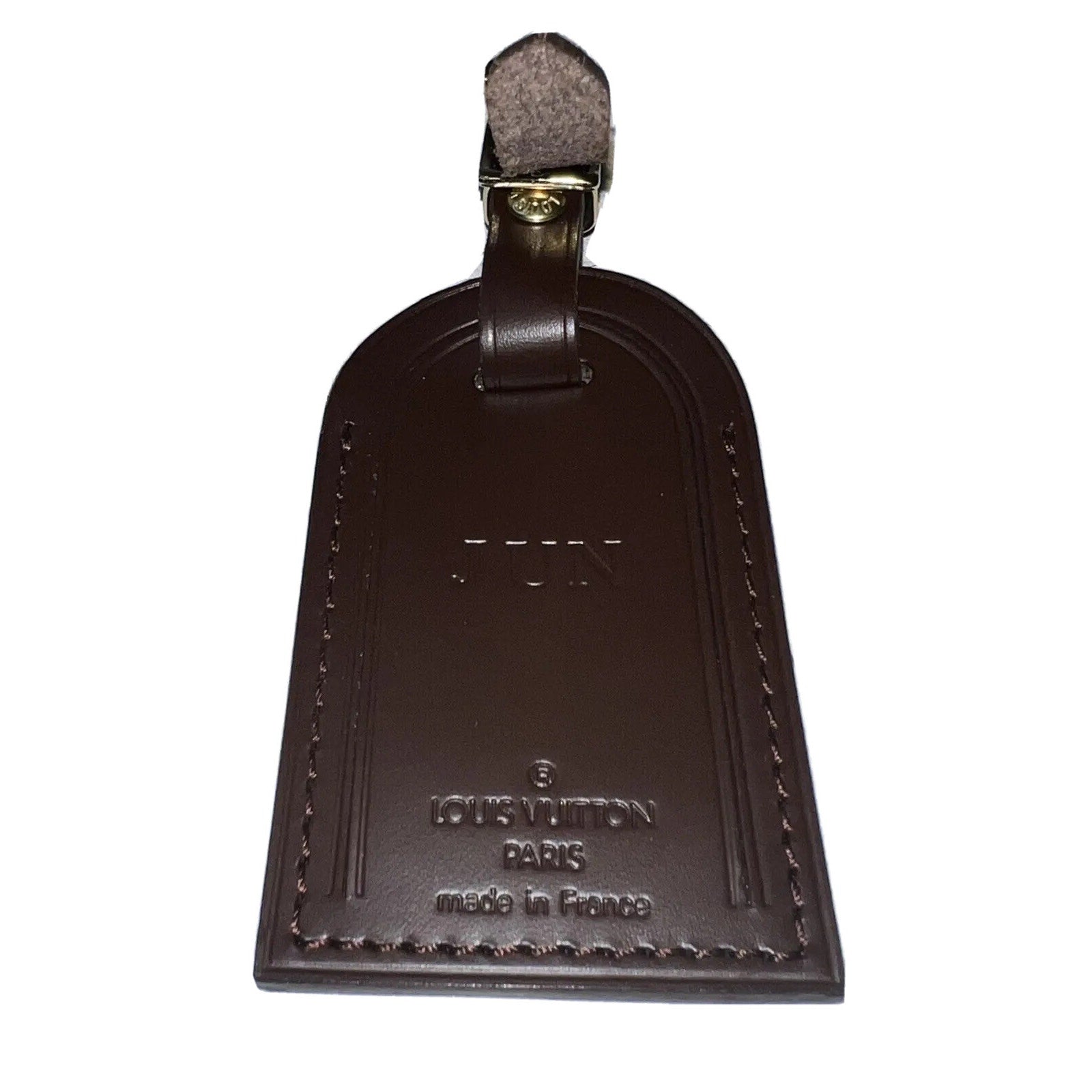 Louis Vuitton Name Tag w/ JUN ID Initials Damier Ebene Leather Goldtone