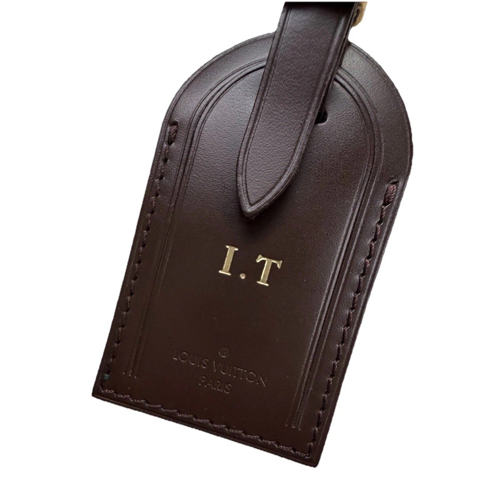 Louis Vuitton Name Tag w/ IT Initials Gold-tone Brown Leather Damier Ebene