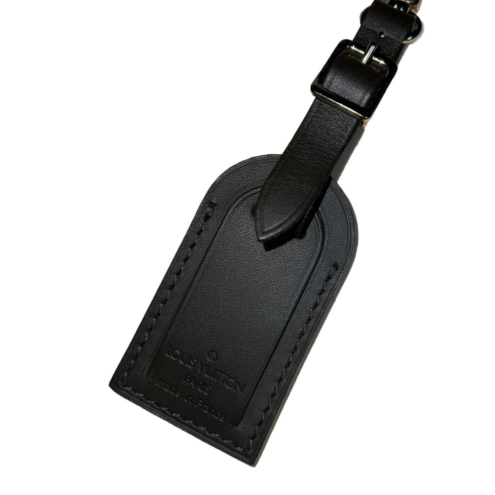 Louis Vuitton ID Name Tag Black Leather Silver tone Hardware Small