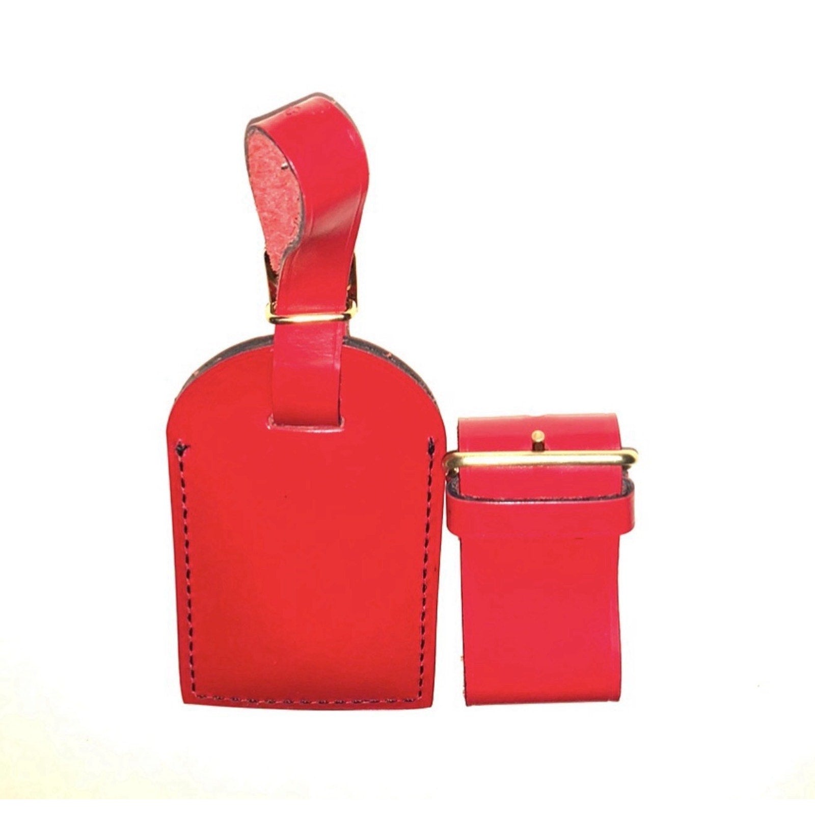 Louis Vuitton Red Leather Name Tag Goldtone Metal Black Stitching w/ Strap Set
