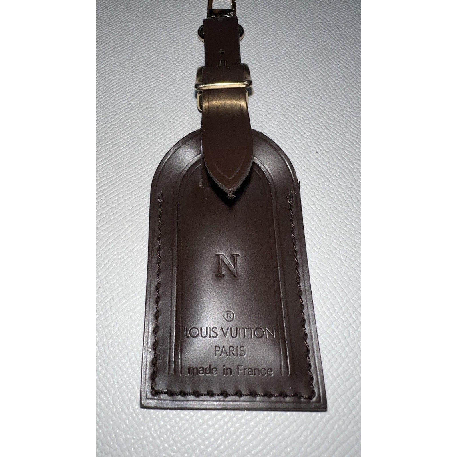 Louis Vuitton Leather Name Tag w/ N Initial Leather Damier Ebene Gold-tone Small