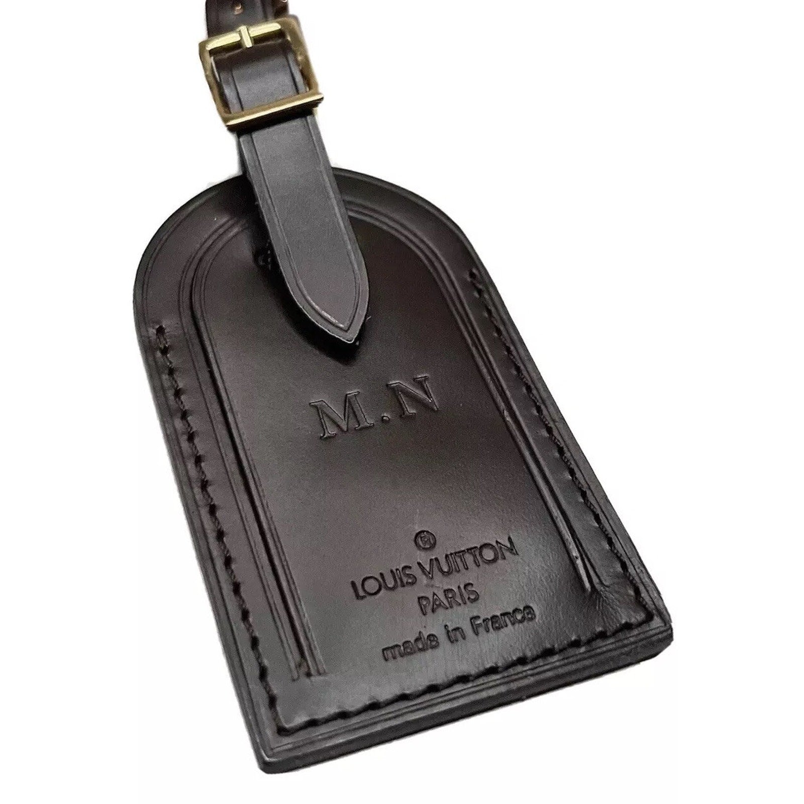 Louis Vuitton Name Tag w/ NM Stamped Dark Brown Leather Goldtone Large