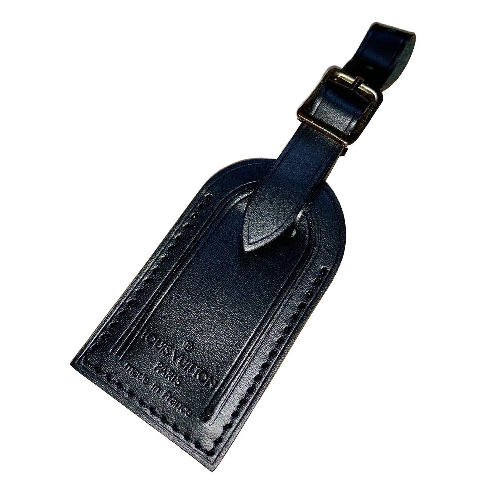 Louis Vuitton ID Name Tag Black Leather Silver tone Hardware Small