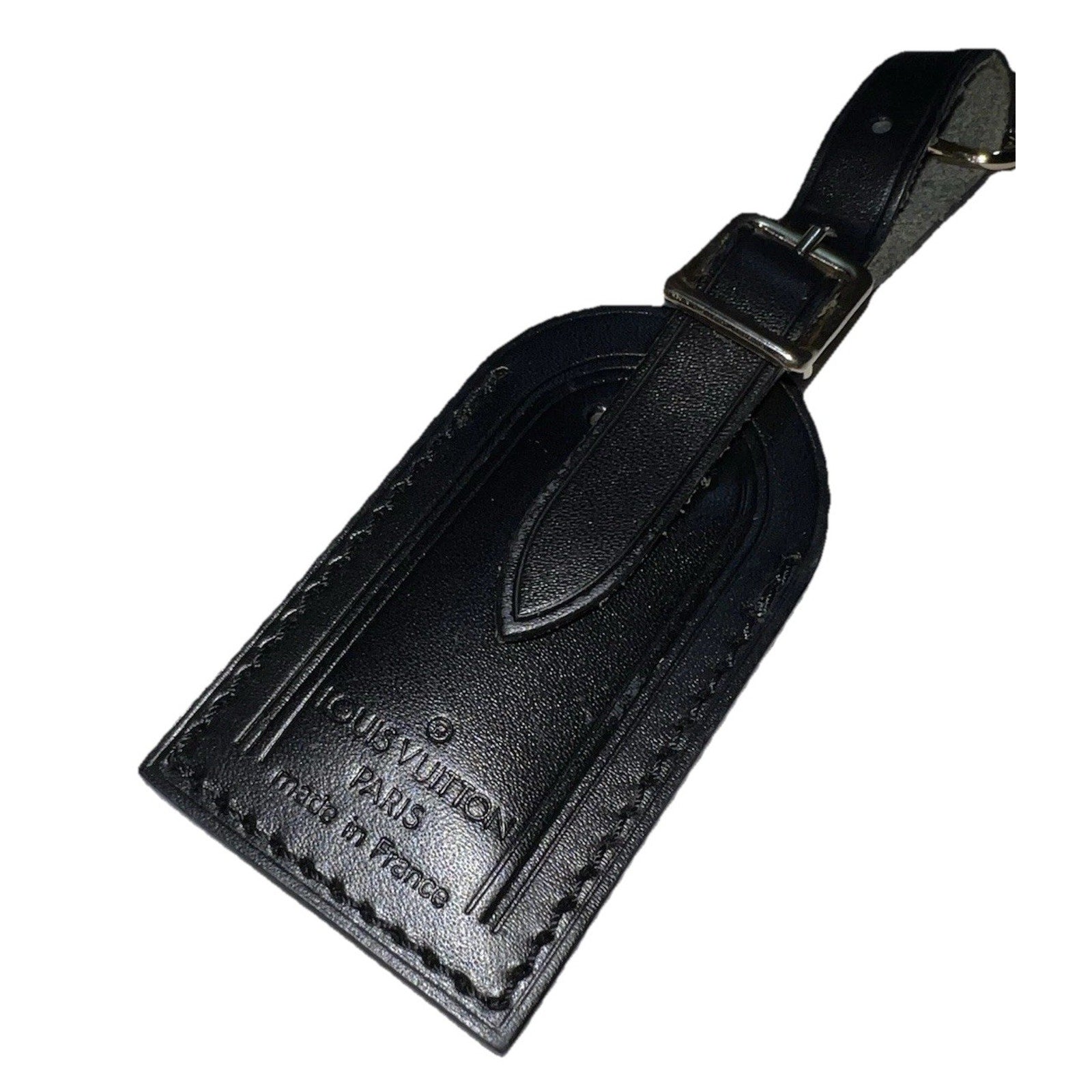 Louis Vuitton Name Tag w/ S Initial Black Silver tone Hardware Small Mint