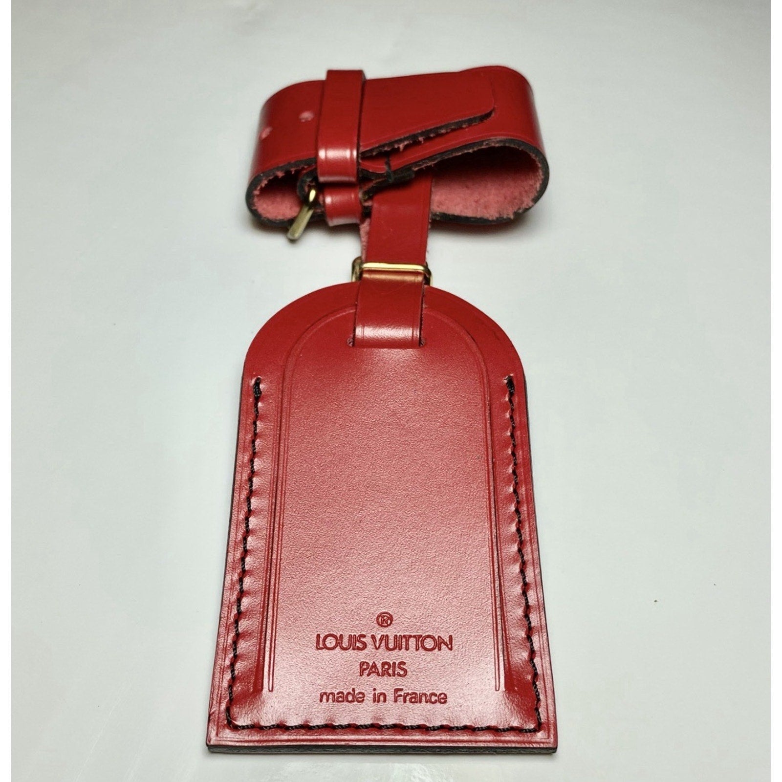Louis Vuitton Red Leather Name Tag Goldtone Metal Black Stitching w/ Strap Set