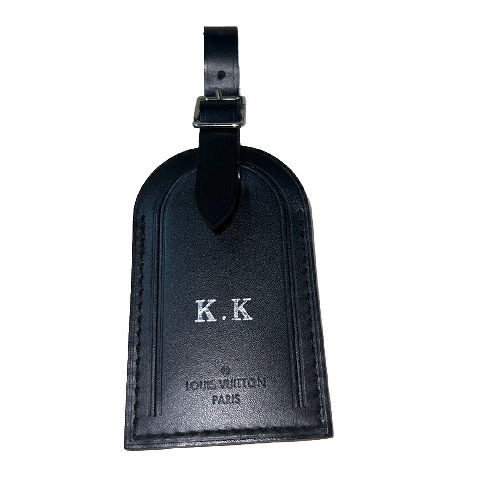 Louis Vuitton Paris KK Silver ID Name Tag Black Leather Silver Tone Large 🍂