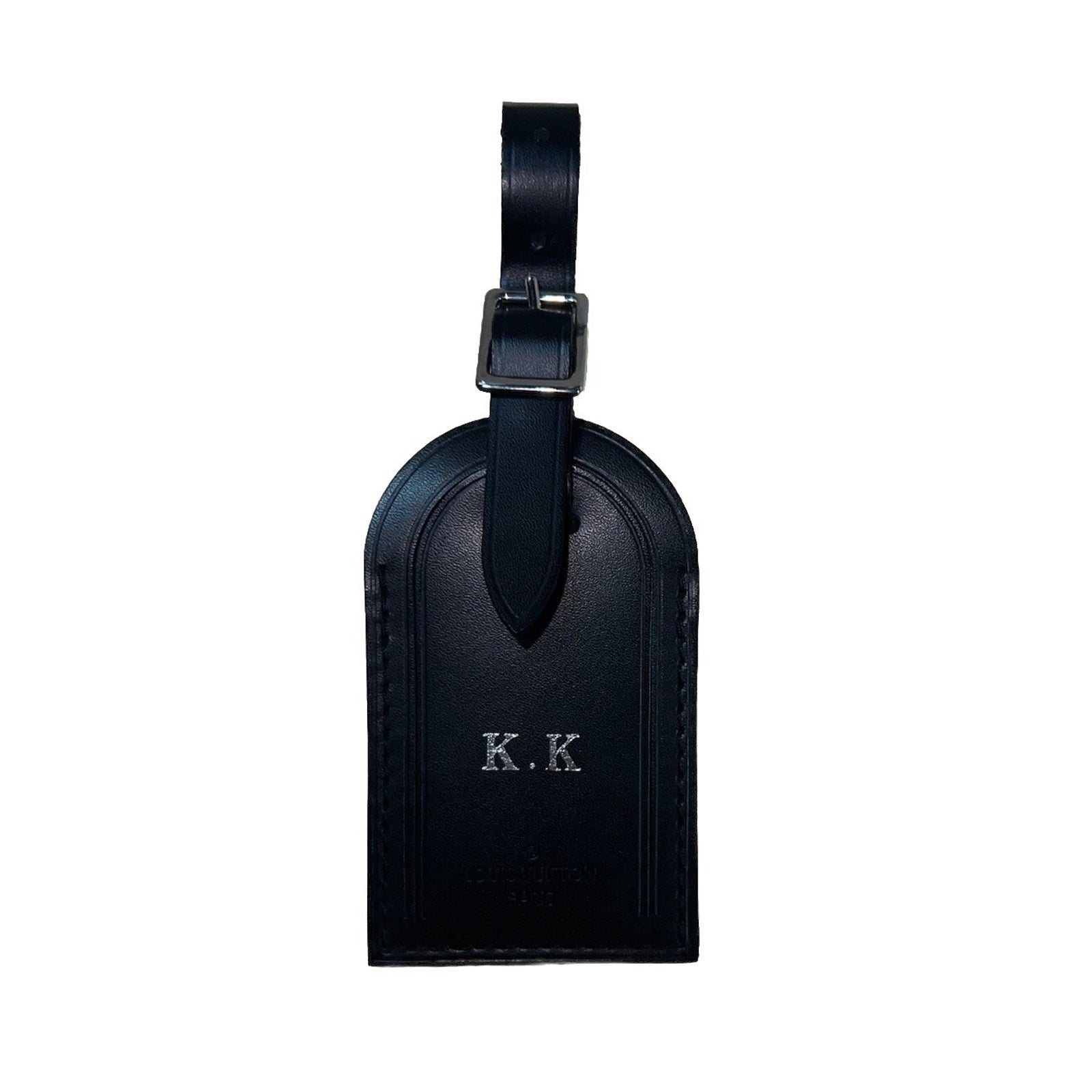 Louis Vuitton Paris KK Silver ID Name Tag Black Leather Silver Tone Large 🍂