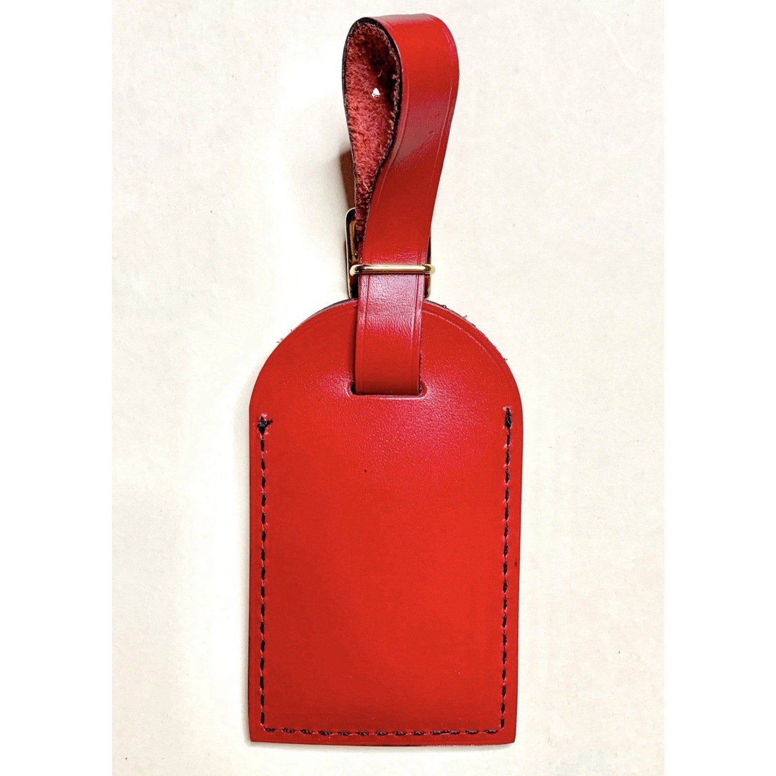 Louis Vuitton Red Leather Name Tag Goldtone Metal Black Stitching w/ Strap Set