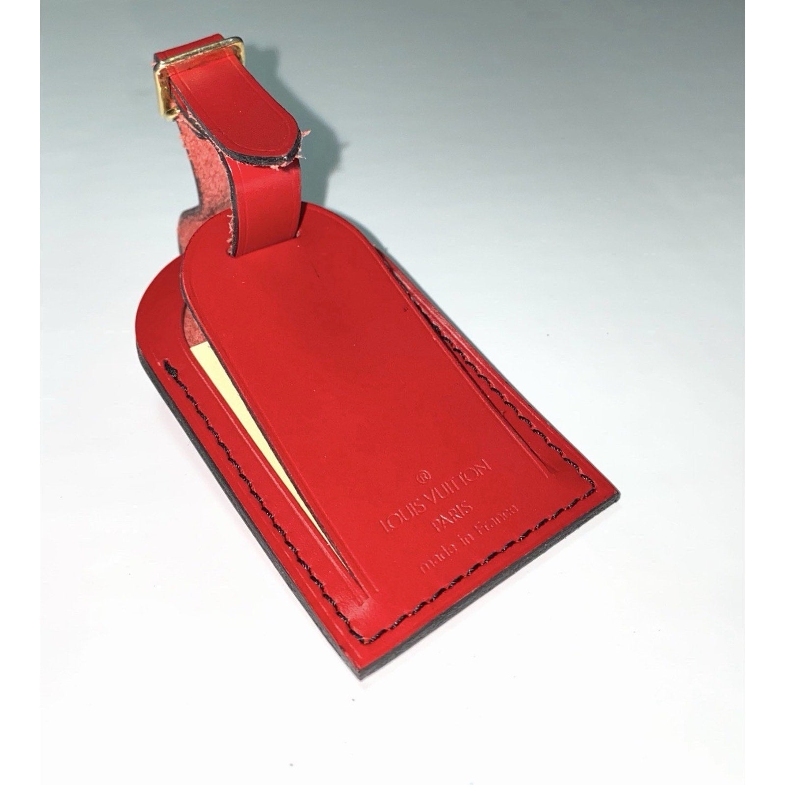 Louis Vuitton Red Name Tag Goldtone Metal Black Stitchi w/ Poignet Set