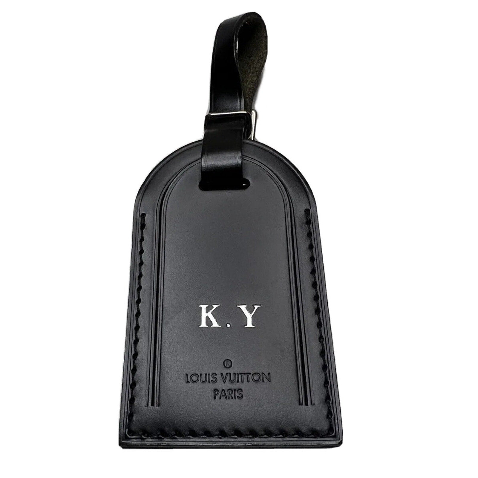 Louis Vuitton Paris Black Name Tag w/ KY Initials Silver Buckle