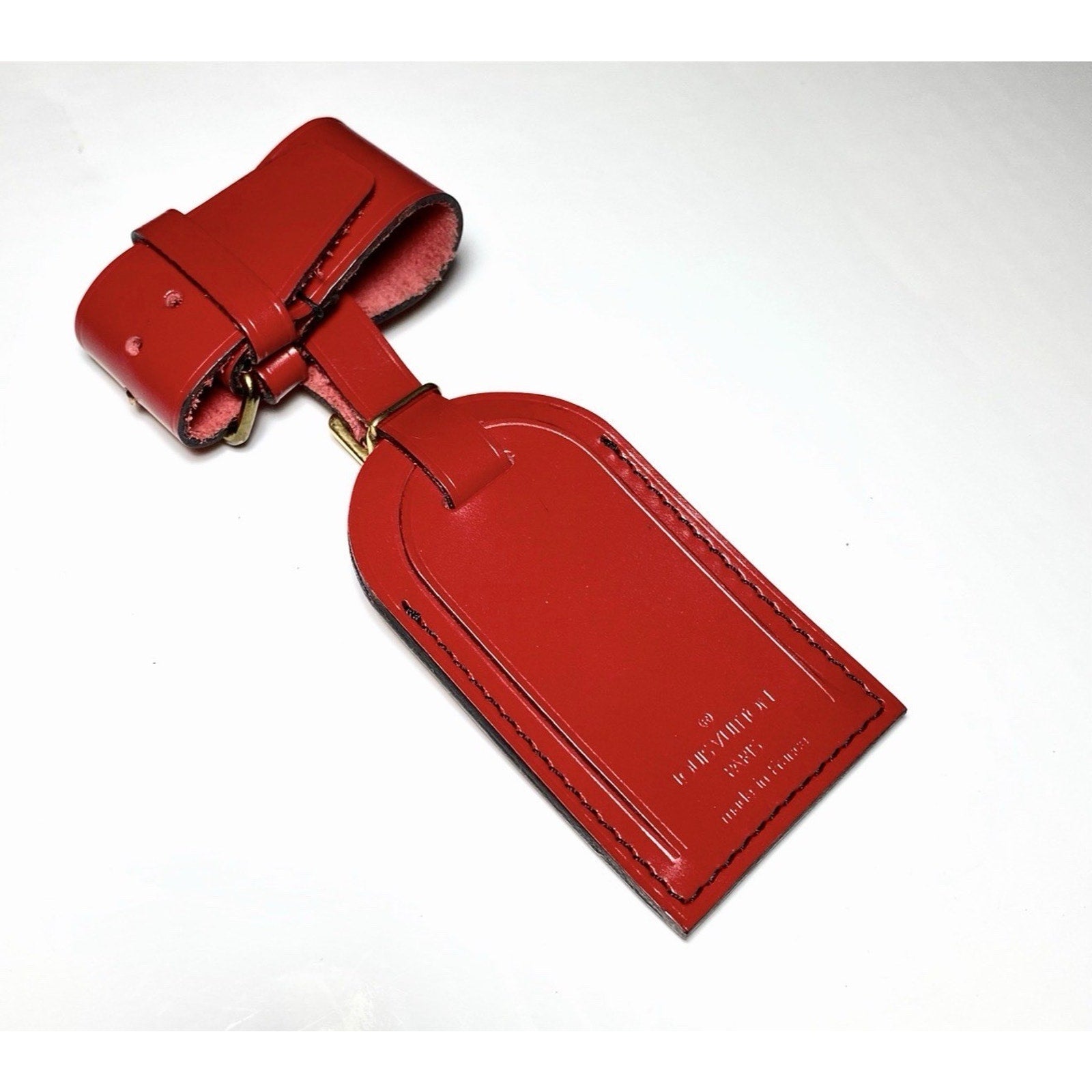 Louis Vuitton Red Leather Name Tag Goldtone Metal Black Stitching w/ Strap Set