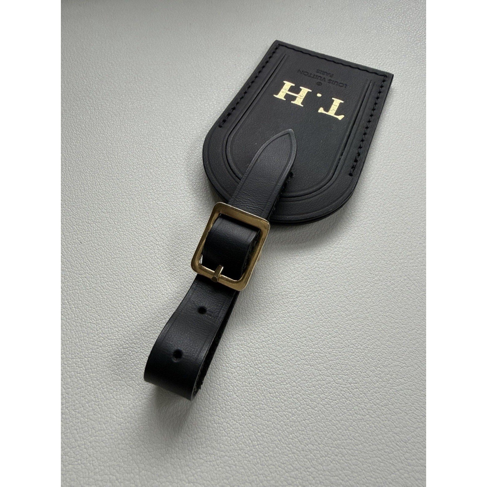 Louis Vuitton Name Tag w/ T H Initials Goldtone Black Large Black