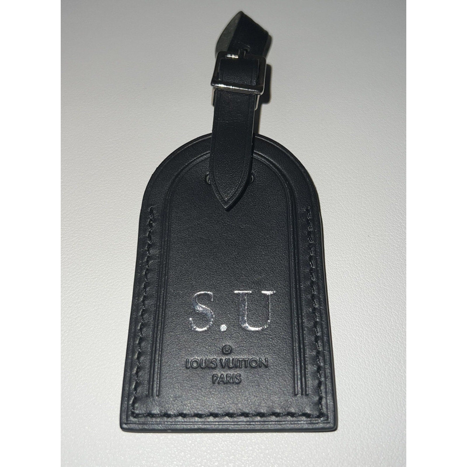Louis Vuitton Paris Black Leather Name Tag Large Silvertone SU Initials