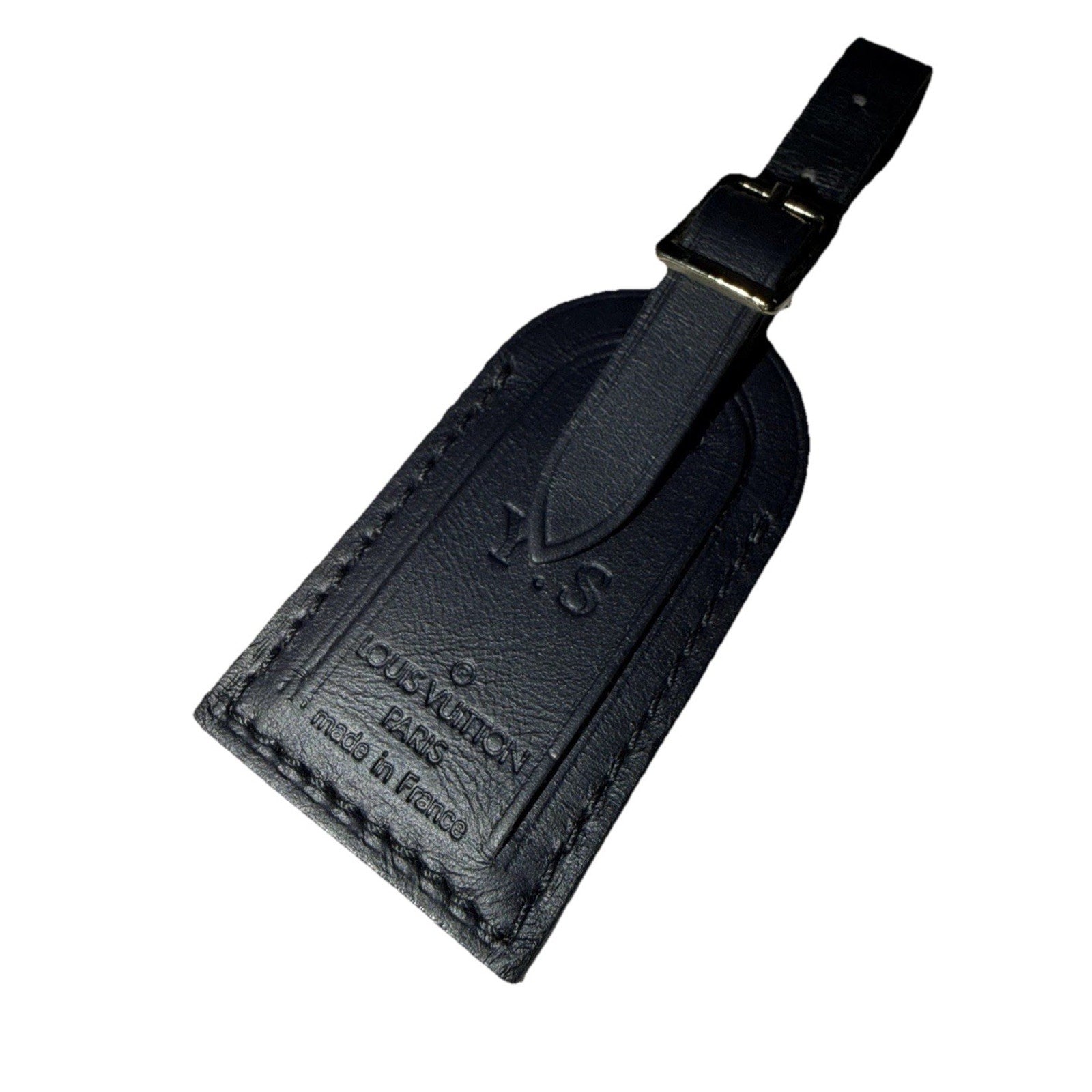 Louis Vuitton Black Leather Name Tag w/ Y S Initials Small Goldtone France
