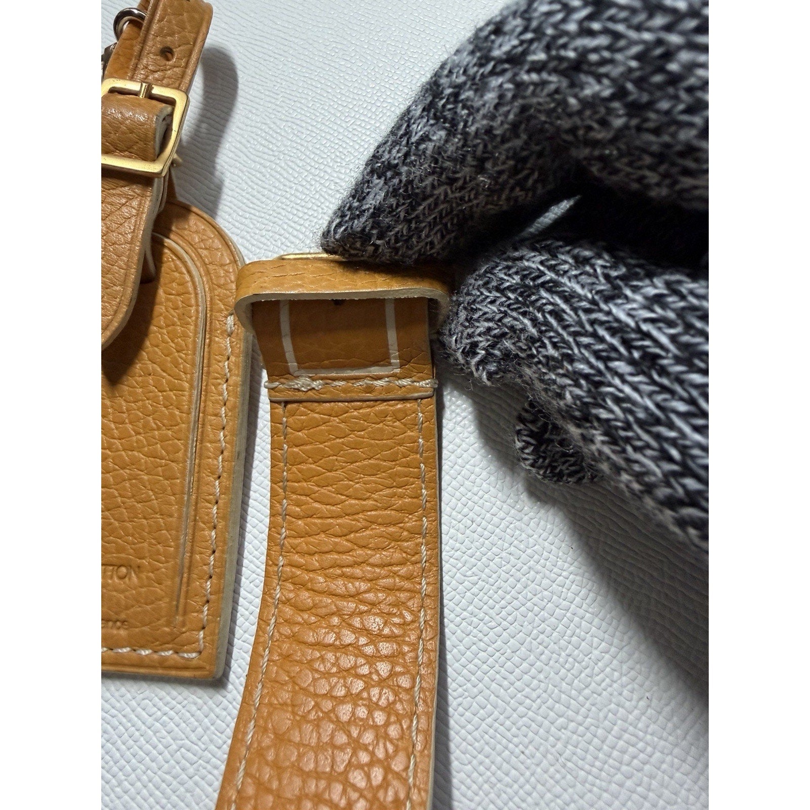Rare Louis Vuitton Gold Orange Name Tag w/ Poignet Strap Grained Leather