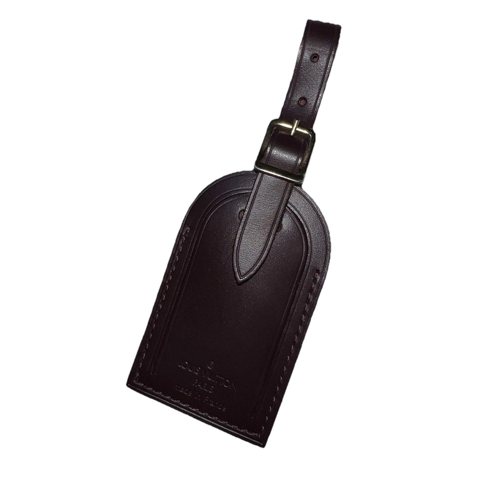 RARE Louis Vuitton Name Tag Plum Leather Bordeaux France Goldtone LN