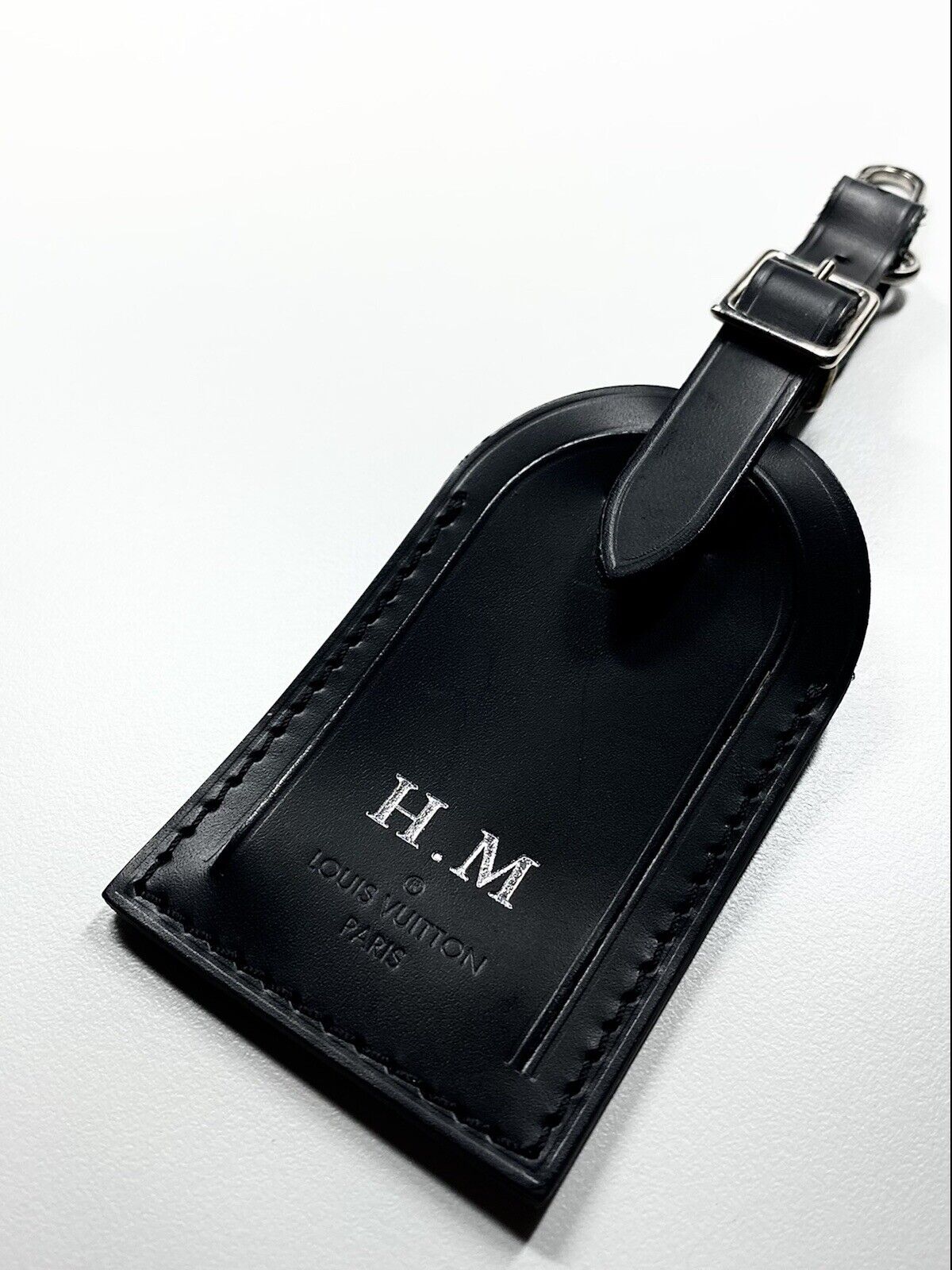 Louis Vuitton Name Tag w/ HM Initials Large Black Silvertone PARIS