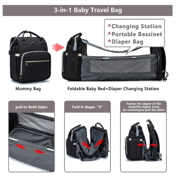QuiltedBackpack Baby Diaper Bag + Warmer Travel Bassinet Bed - Black