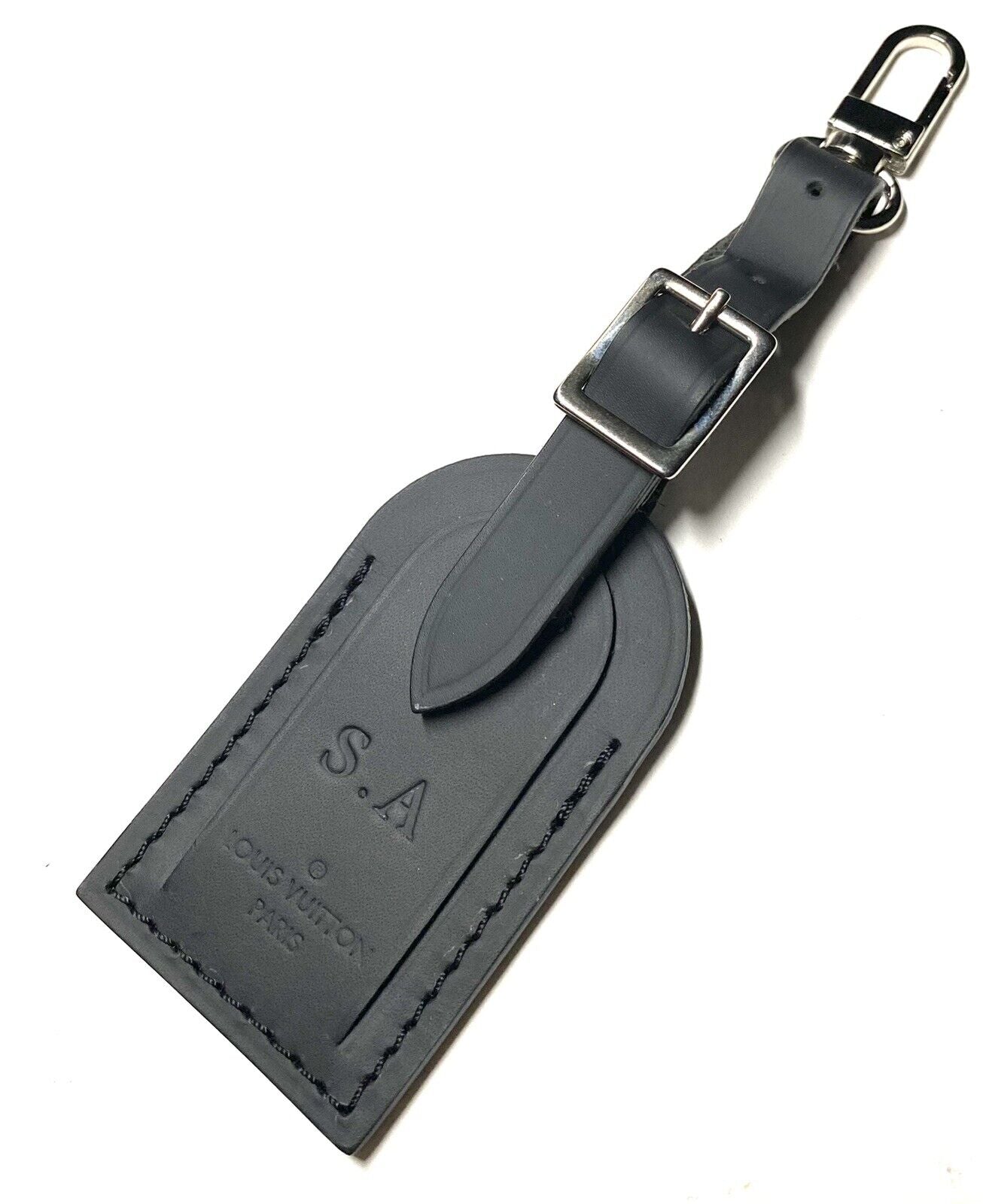 Authentic Louis Vuitton Small Black Luggage Tag Leather w/ D. I Initials
