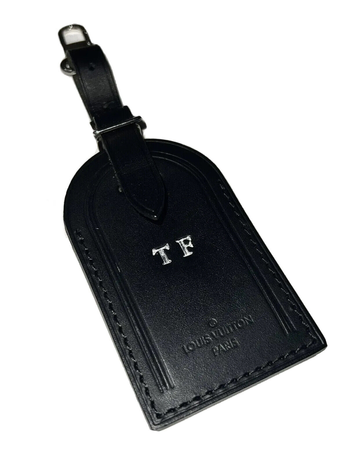 Louis Vuitton Leather Name Tag w/ TF Initials Black  Silvertone Buckle Large