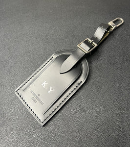 Louis Vuitton Luggage Tag w/ KY Initials Black Leather Silvertone - Large PARIS