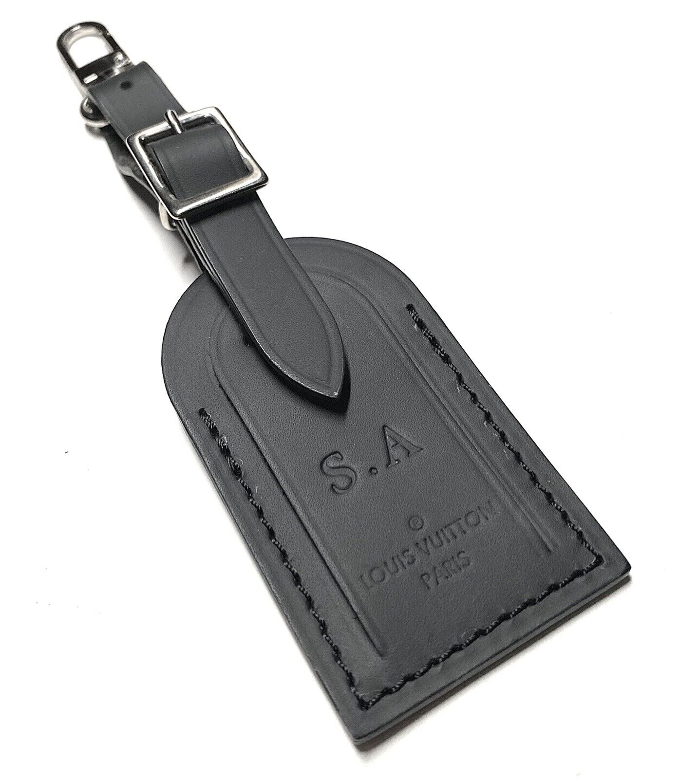 Louis Vuitton Name Tag w/ IS Initials Black Leather Small