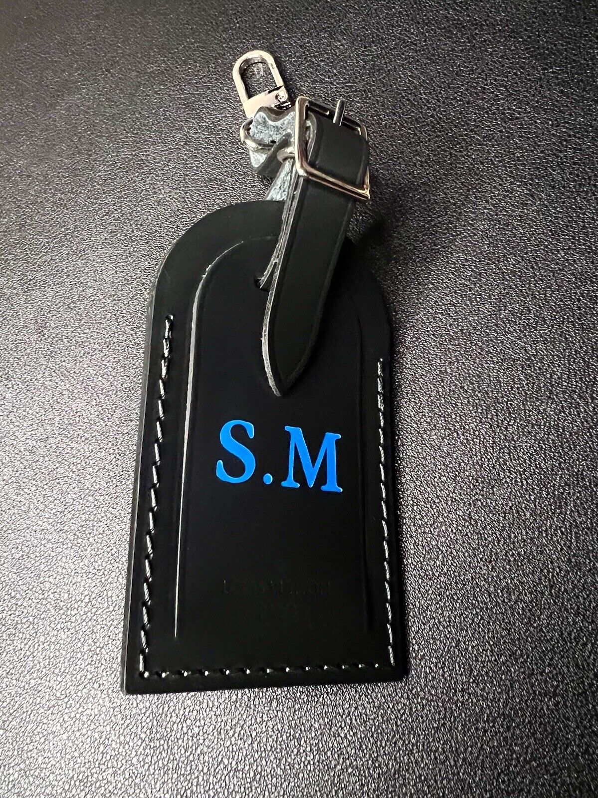 Louis Vuitton Luggage Tag w/ SM Initials “Matte” Black Leather Silvertone -Paris