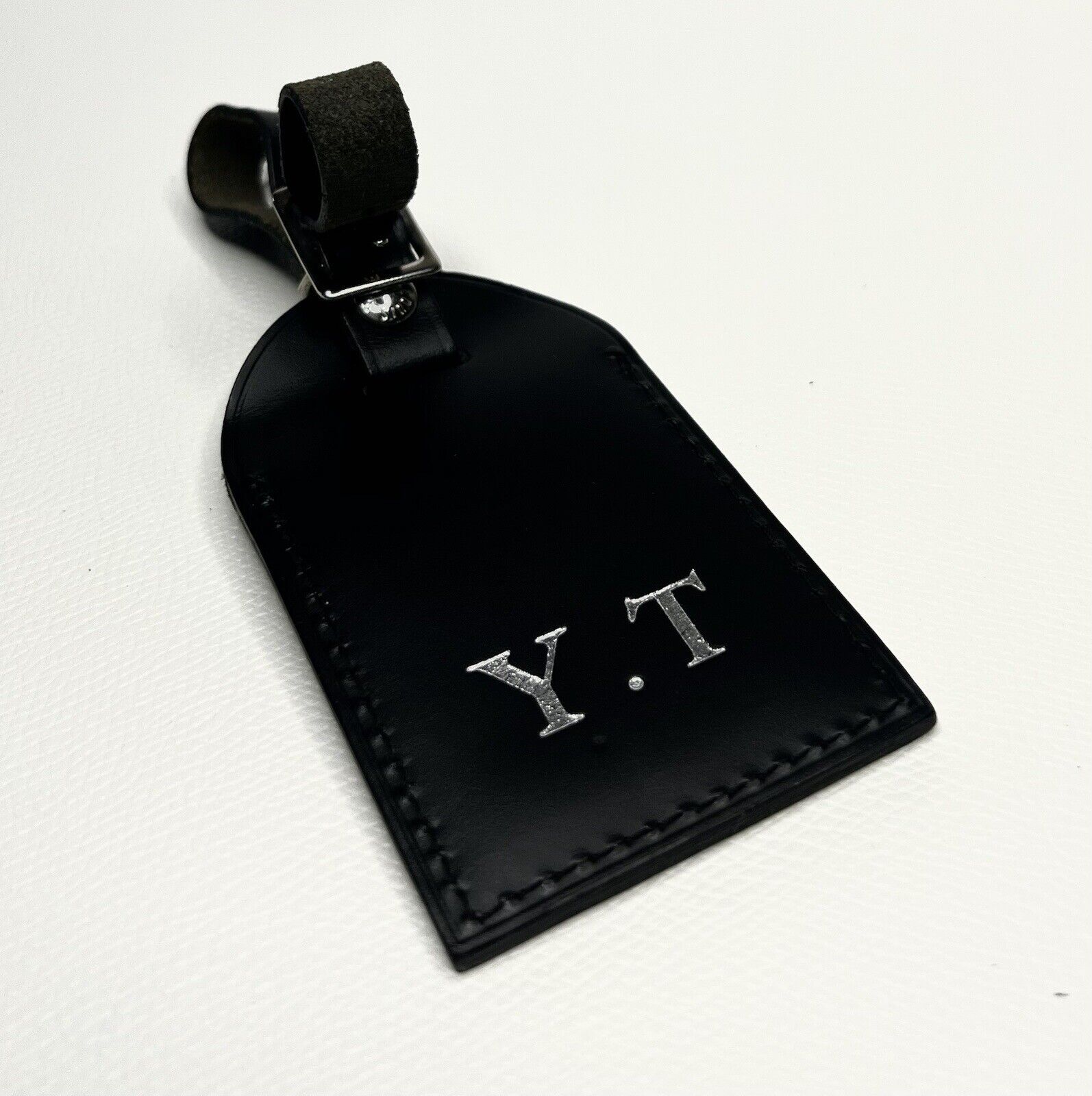 Louis Vuitton Luggage Tag w/ YT Initials Large Silver Black Calfskin Paris