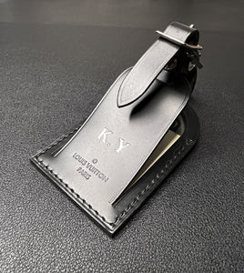 Louis Vuitton Luggage Tag w/ KY Initials Black Leather Silvertone - Large PARIS