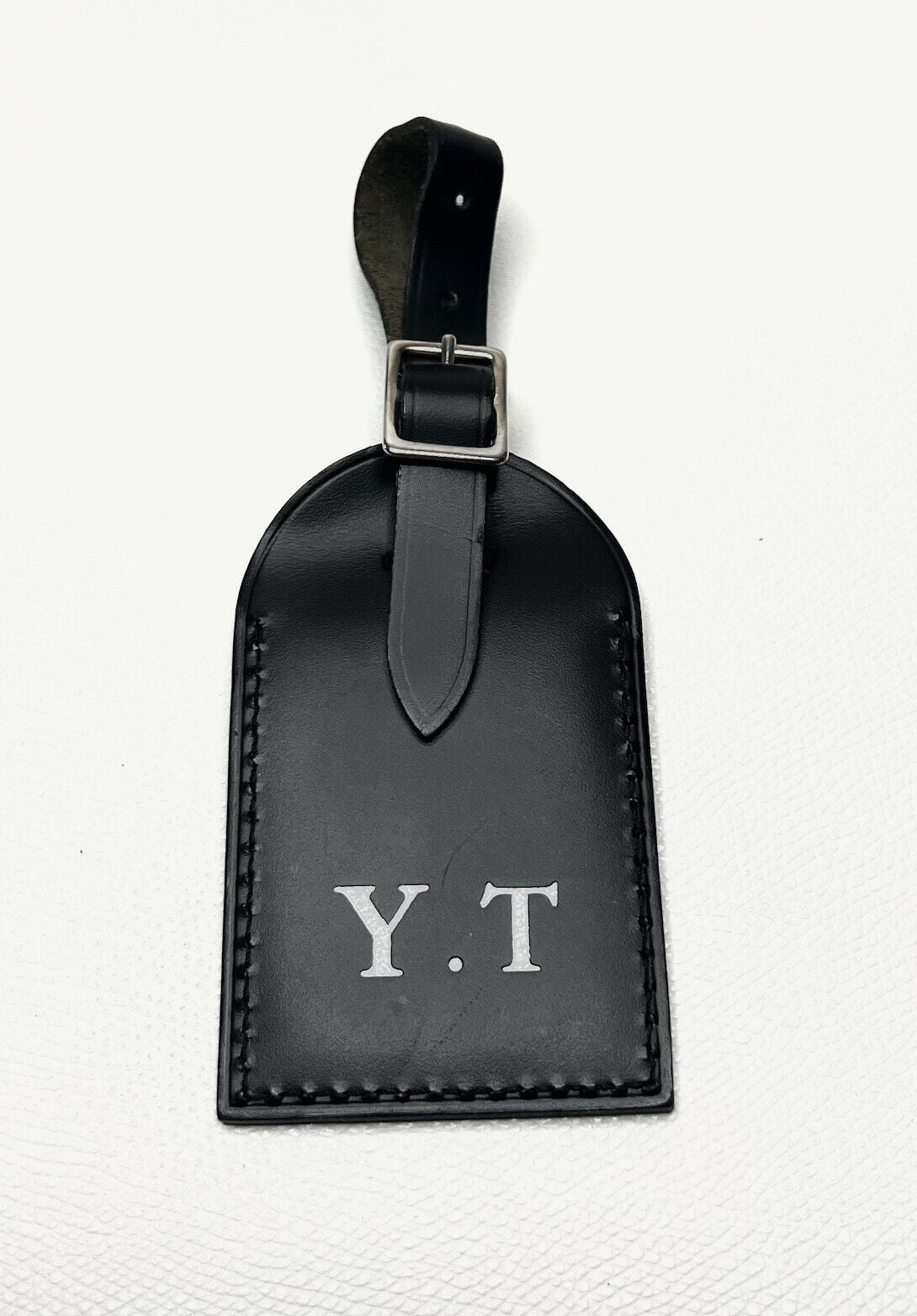 Louis Vuitton Luggage Tag w/ YT Initials Large Silver Black Calfskin Paris
