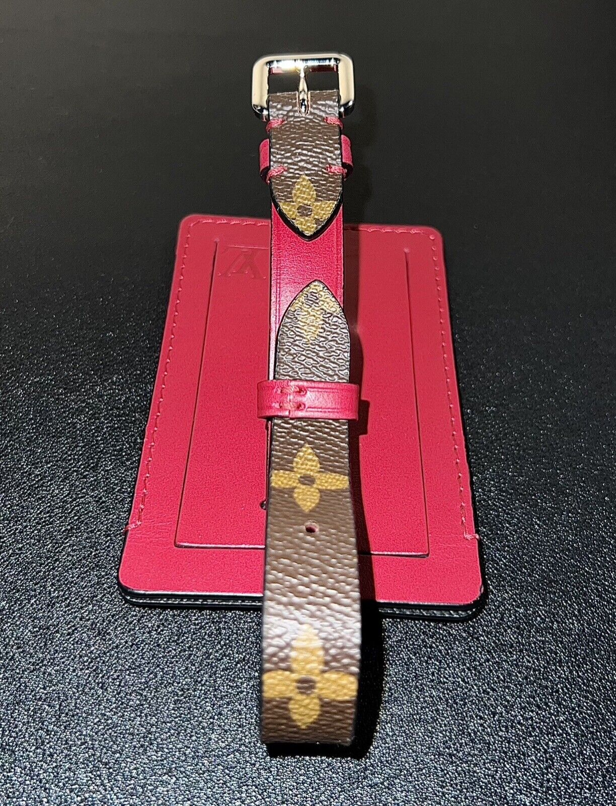 Rare Louis Vuitton Red / Burgundy Name Tag Calf Leather w/ Monogram Strap XL