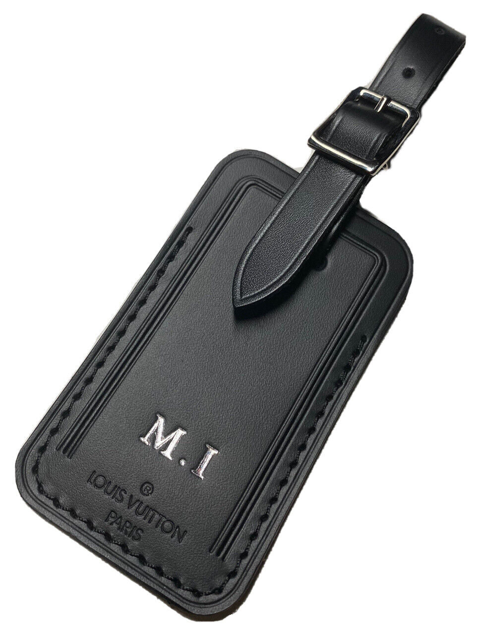 Louis Vuitton Luggage Tag w/ SK Initials Black Leather Silvertone