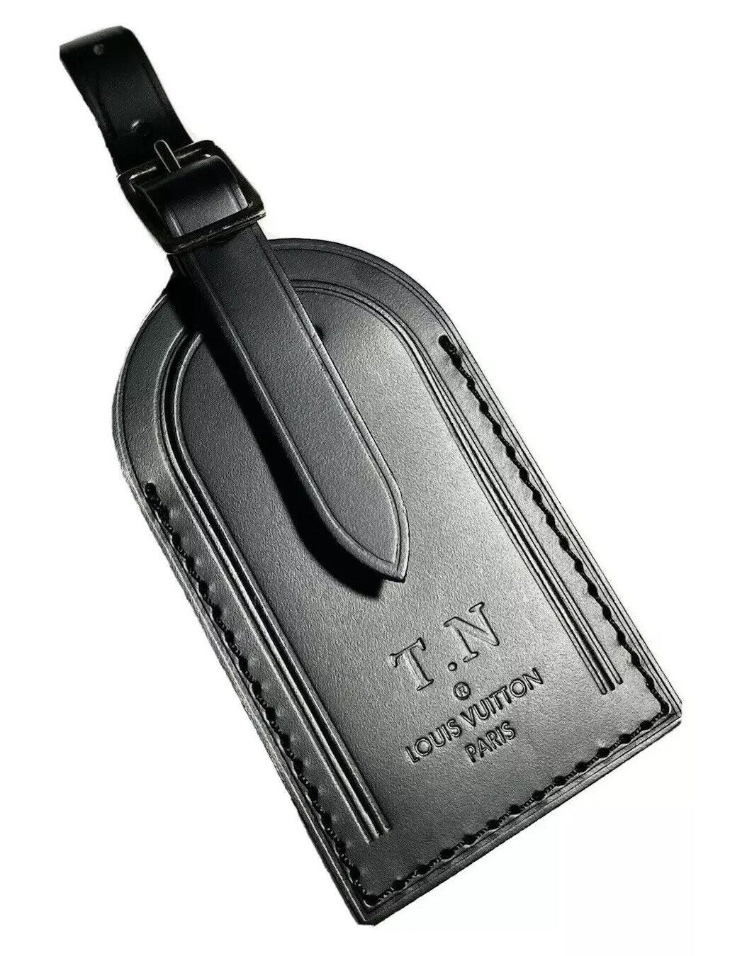 Louis Vuitton Black Luggage Tag w/ TN Initials Leather Goldtone Buckle