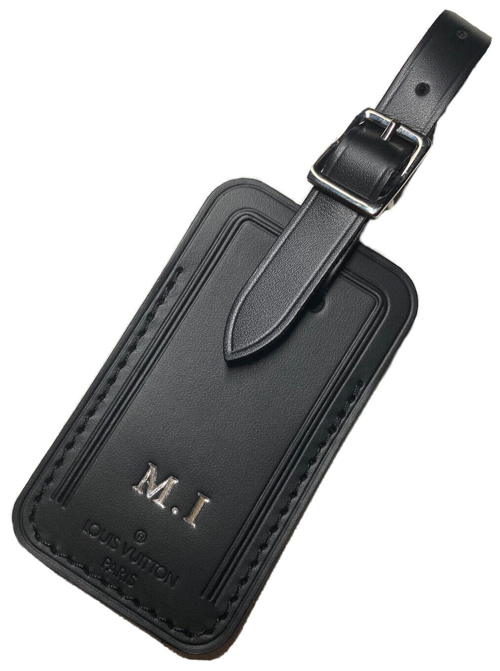Louis Vuitton Black Name Tag w/ MI Initials Silvertone MINT 🇫🇷