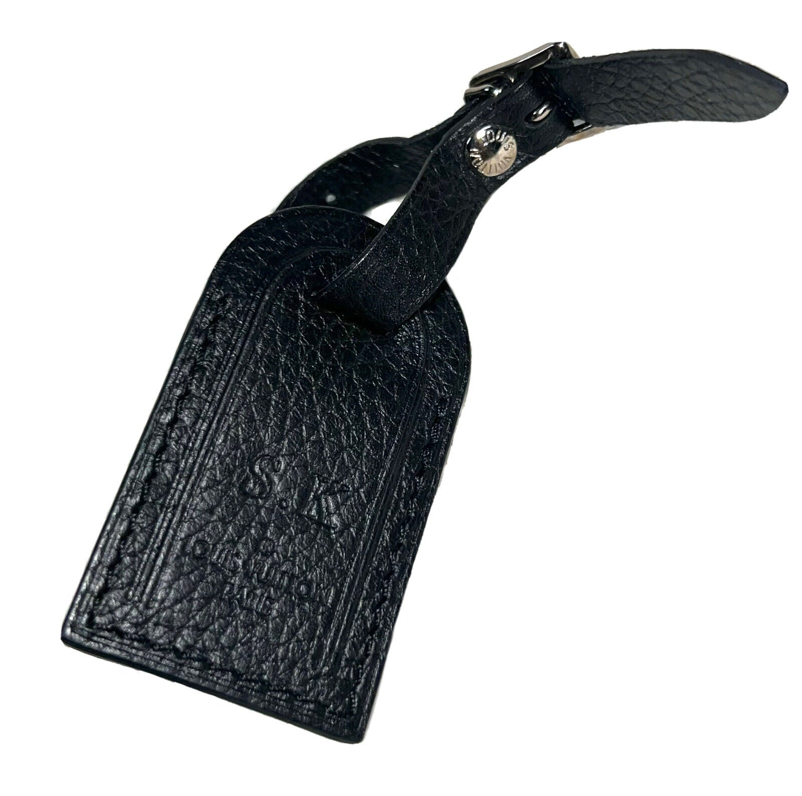 Rare Louis Vuitton Grained Leather Black Luggage Tag w/ SK Hot Stamp