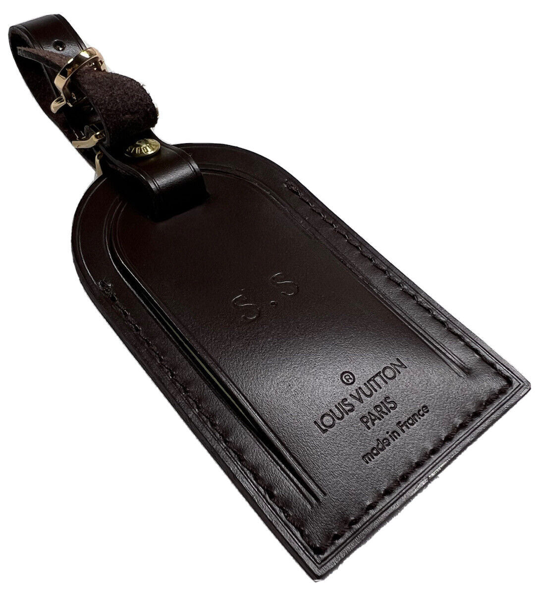 Louis Vuitton Brown Leather Name Tag w/ SS Initials Goldtone Damier Ebene ⭐️