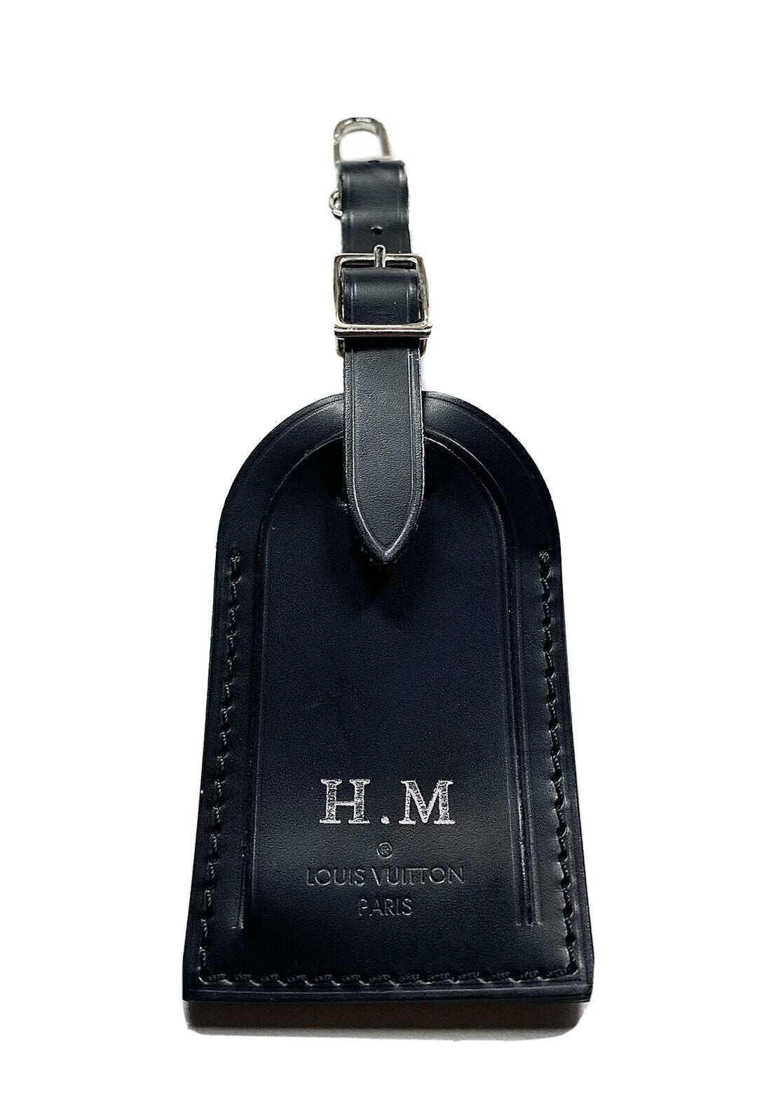 Louis Vuitton Name Tag w/ HM Initials Black Calfskin Silvertone Large
