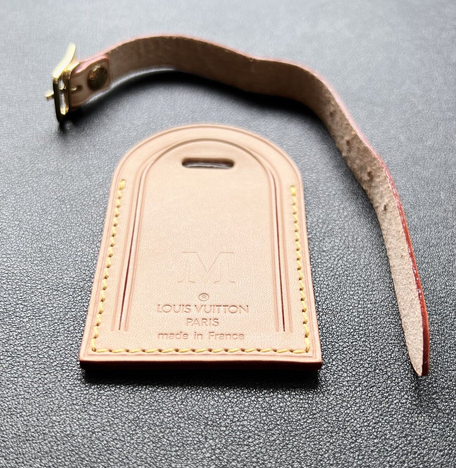 Authentic Louis Vuitton Luggage Tag w/ M Stamp 🇫🇷 Natural Vachetta Pristine