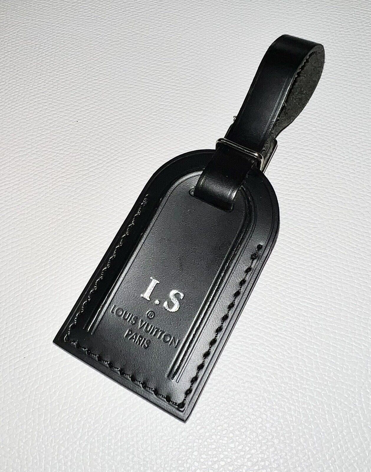 AUTHENTIC Louis Vuitton Name Tag w/ IS Initials Black Leather Small - UEC