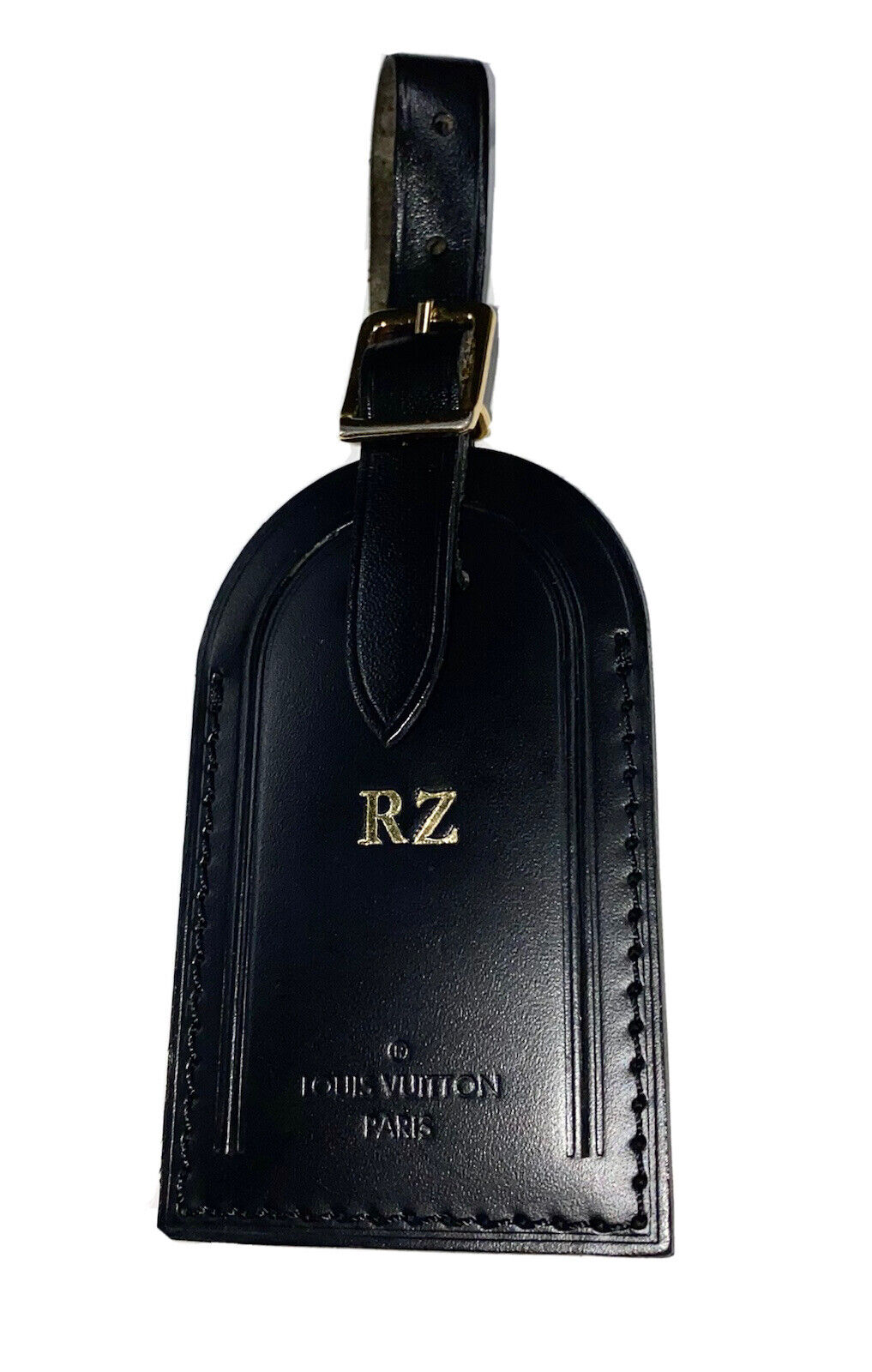 Louis Vuitton Name Tag w/ RY Initials Black Leather PARIS Large