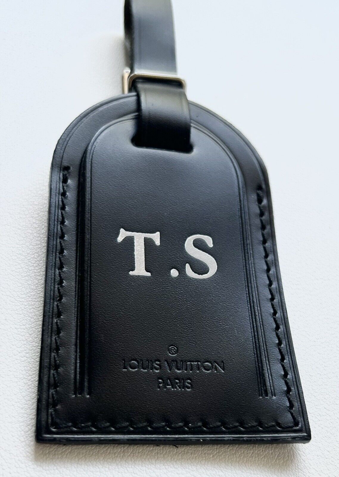 Louis Vuitton Leather Name Tag w/ TS Initials Black Silvertone Buckle Large