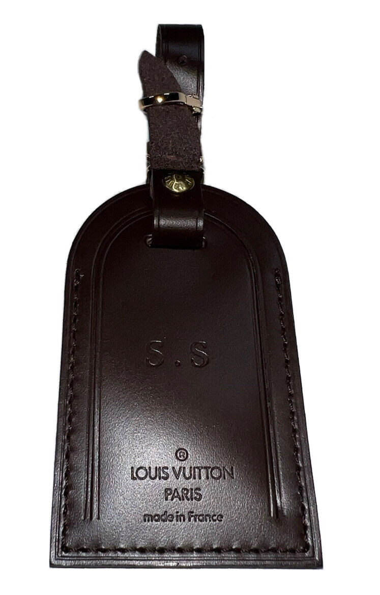 Louis Vuitton Brown Leather Name Tag w/ SS Initials Goldtone Damier Ebene ⭐️