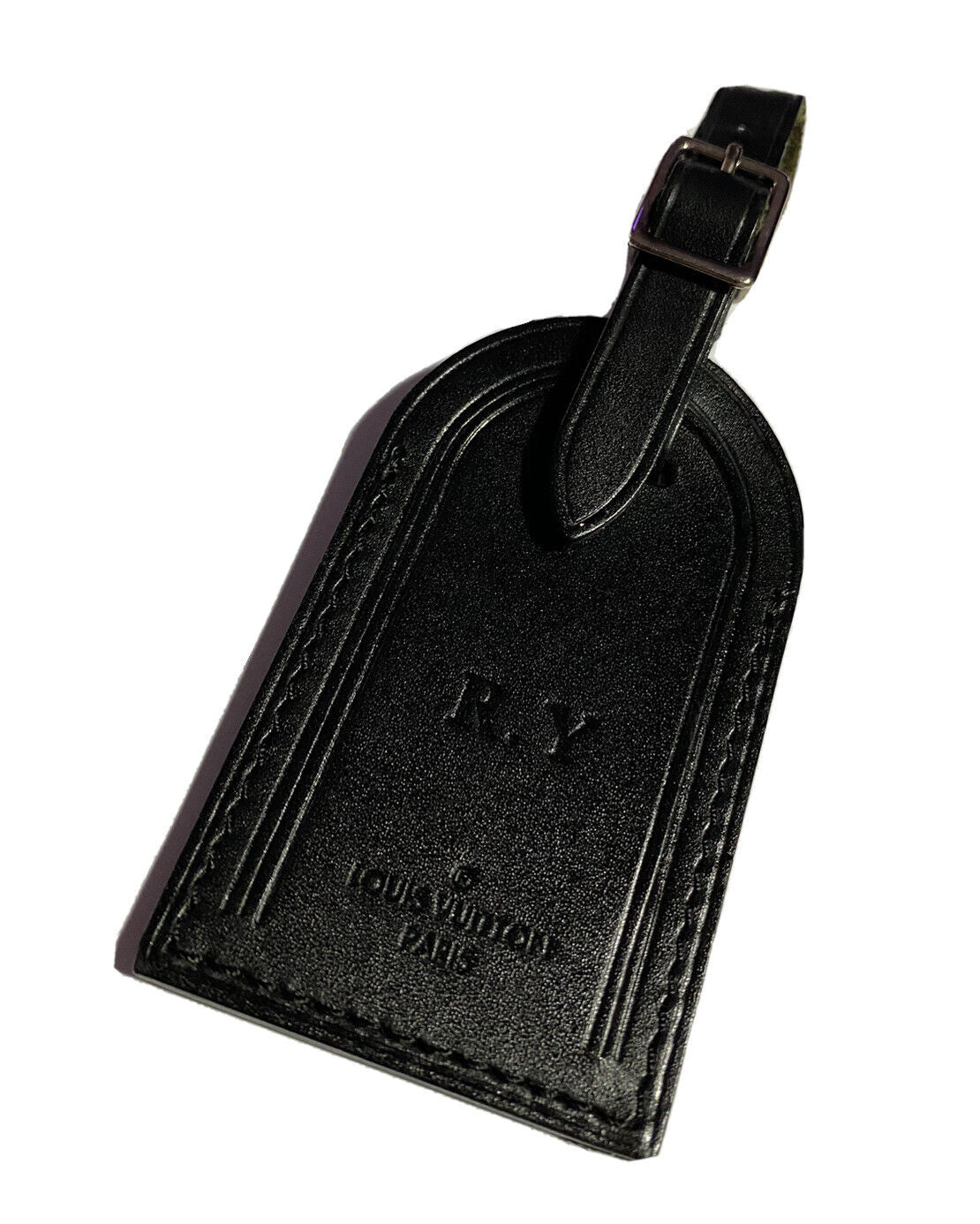 Louis Vuitton Black Leather Name Tag w/ RY Initials Large Goldtone or Goldtone