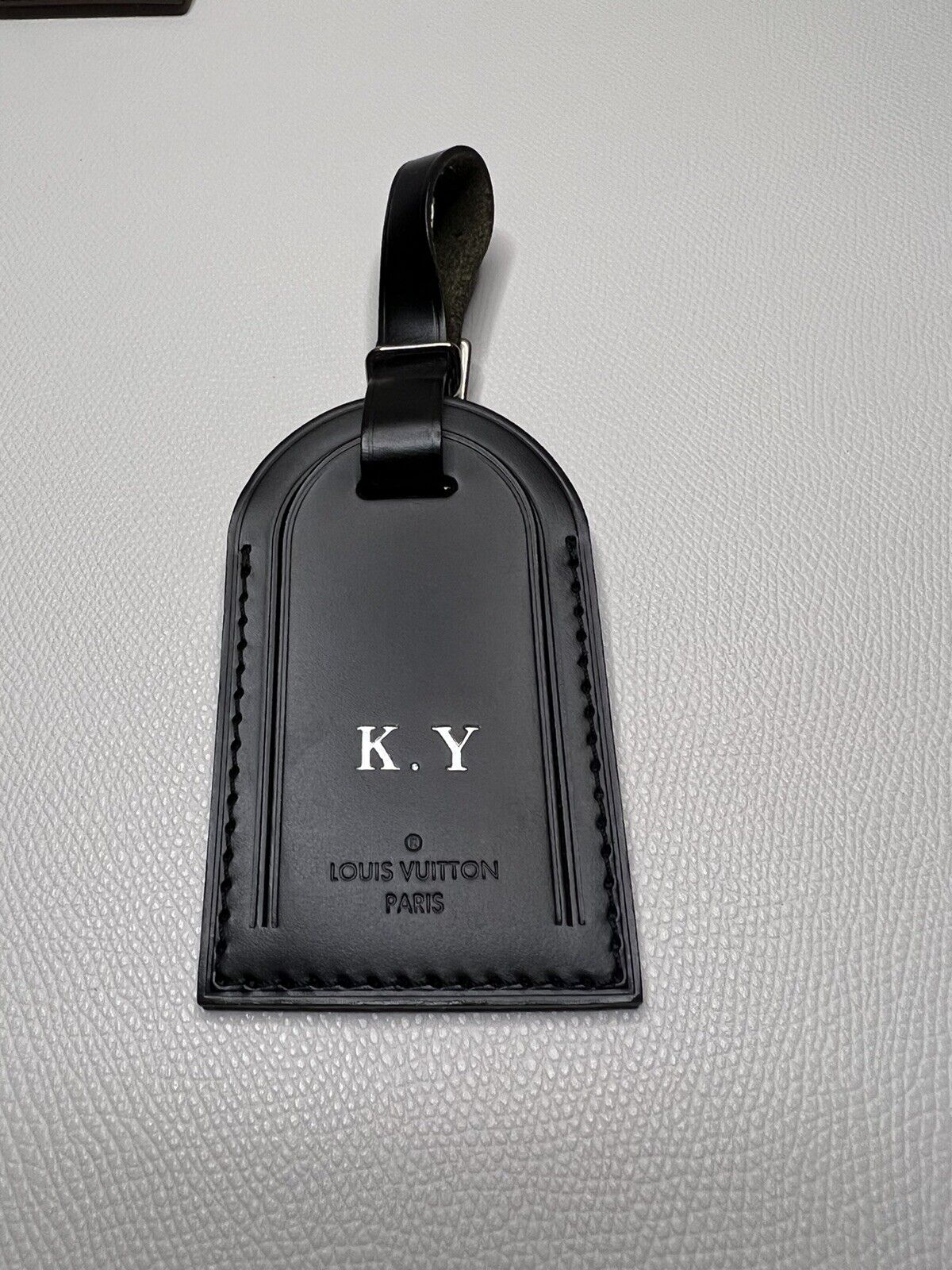 Louis Vuitton Name Tag w/ KY Initials Silvertone Black Calfskin Paris 🇫🇷